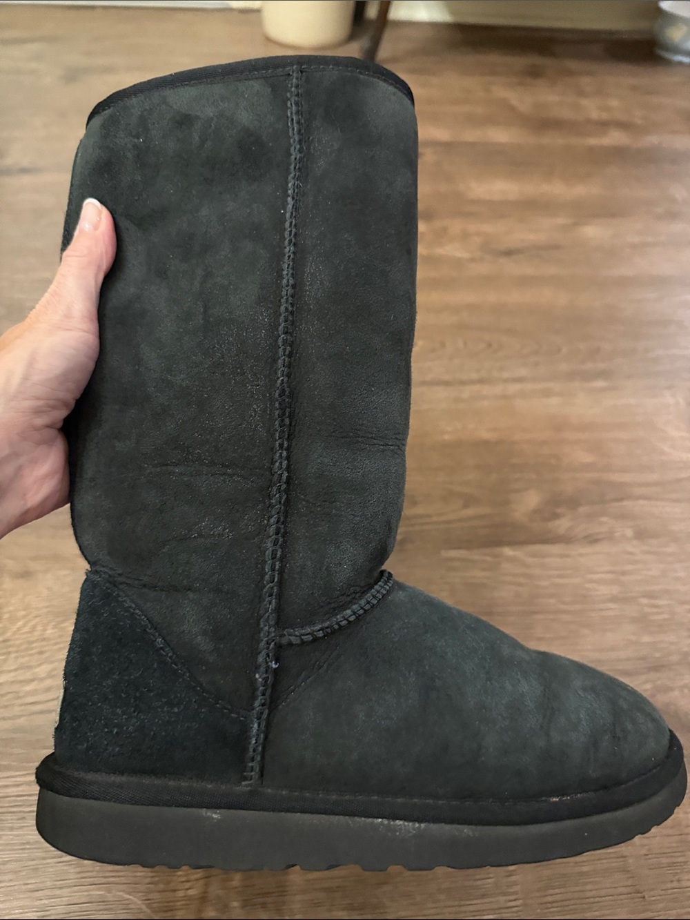 UGG Black Tall Suede Winter Boots with Shearling Size 7 - Picture 3 of 11